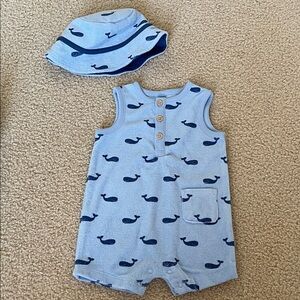 Little Me Blue Whale Print Baby Romper and Hat Set